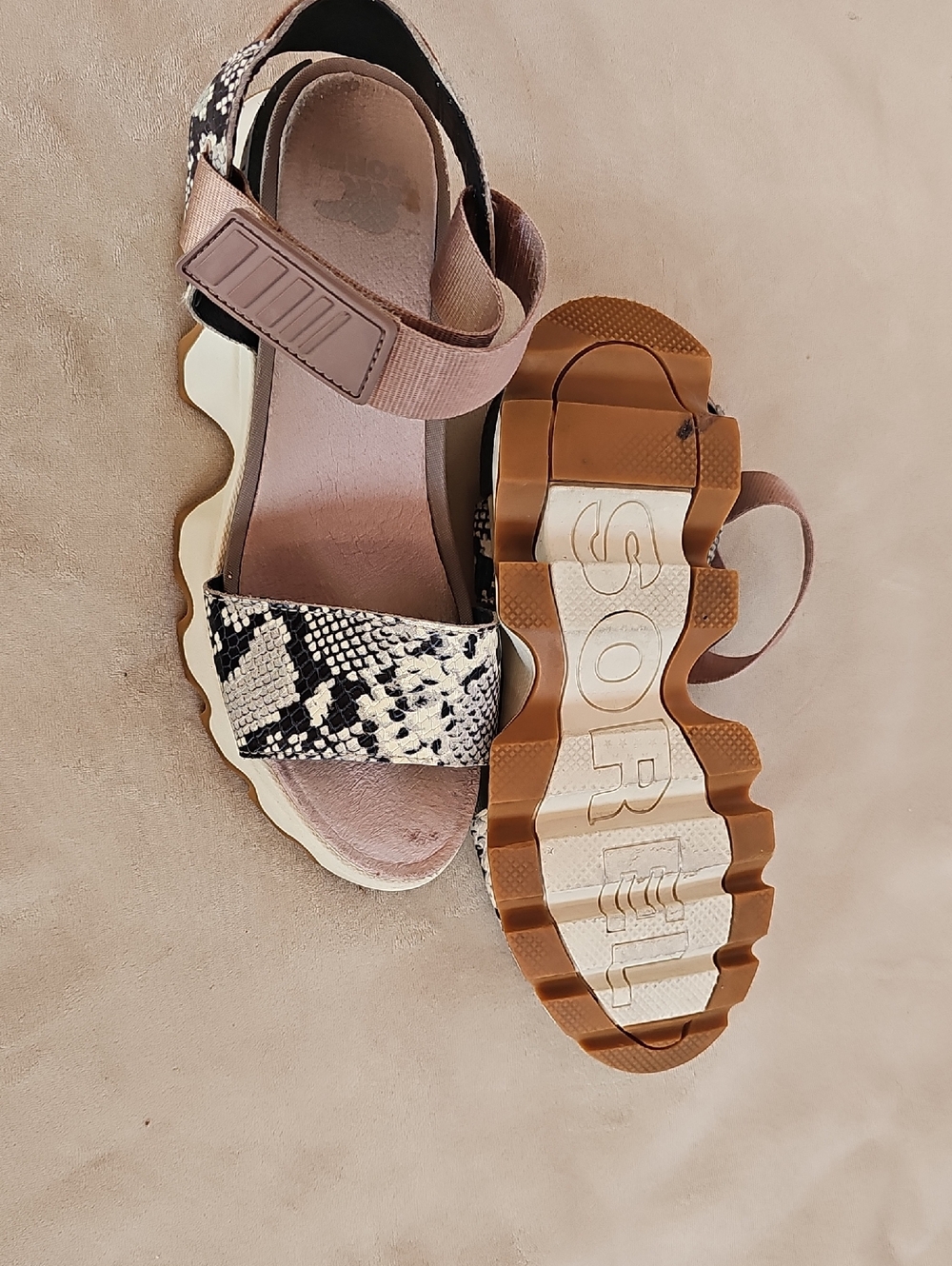 Sorel Women's Snake-Print Platform Sandals in Beige and Black